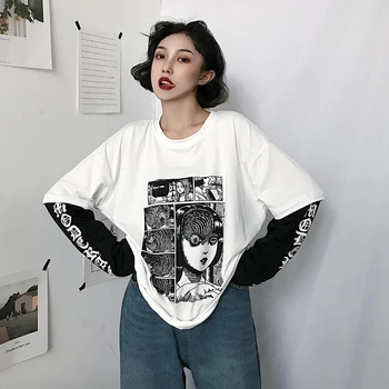 Fannic Harajuku T-shirt Moterims Netikrą 2 vnt Spausdinti Japonų Fujiang Siaubo Komiksai ilgomis Rankovėmis Marškinėliai Moterims Vetement Femme