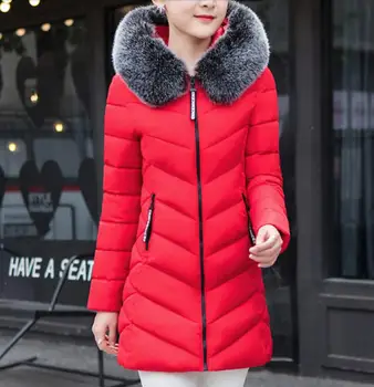 2019 moterų žiemos medvilnės paltai slim lieknėjimo Vidutinio outwear didelio dydžio kailio apykakle storas šiltas vatos pagaliukai kamšalu parkas drabužiai