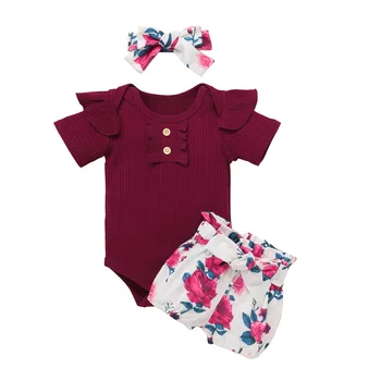 Baby girl drabužiai nustatyti spalvinga Naujagimiui Mergaičių Kietas Briaunoti Romper+Gėlių Lankas Šortai+Kaspinai Komplektus Nustatyti ropa bebe 2021