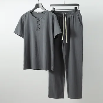 Vyrai lino Viršūnes&Tees rinkiniai plius dydis M-6xl 7xl 8xl 9XL apvalios kaklo Marškinėliai Vyrų Tshirts T-shirt Kinų stiliaus dviejų dalių kostiumai