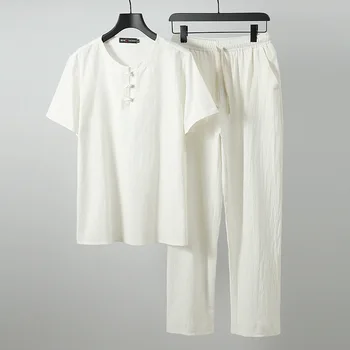 Vyrai lino Viršūnes&Tees rinkiniai plius dydis M-6xl 7xl 8xl 9XL apvalios kaklo Marškinėliai Vyrų Tshirts T-shirt Kinų stiliaus dviejų dalių kostiumai