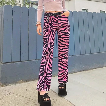 Moterų Juostele Tiesios Kelnės Zebra Spausdinimo Ilgio High Waisted Flare Kelnės Punk Stiliaus Harajuku Vidurio juosmens Atsirišo Ziajać Streetwear