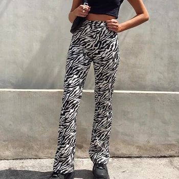 Moterų Juostele Tiesios Kelnės Zebra Spausdinimo Ilgio High Waisted Flare Kelnės Punk Stiliaus Harajuku Vidurio juosmens Atsirišo Ziajać Streetwear