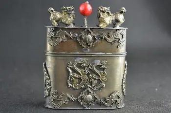Senas Kolekcionuojamų Rankų Darbas Miao Sidabro Drožyba Kylin Dragon & Phoenix Tabako Dėžutė