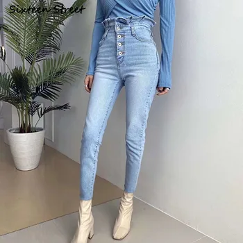 Moterų Aukšto Juosmens Džinsai Prašmatnus Krūtinėmis korėjos Stiliaus Skinny Jean Slim Femme Naujų Senovinių Drabužių Y2K Kelnes Estetinės Moterų 2020 m.