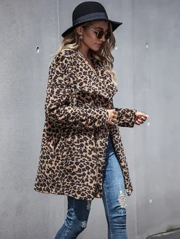 Mados Leopard Kratinys Purus Storas Kailis Šiltas Užtrauktuku Moterų Žiemos Paltai 2020 