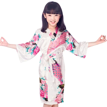 Vasarą Naujos Vaikų Kimono Skraiste Suknelė Atsitiktinis Pusė Rankovės Moteriškas Chalatas Spausdinti Povas Gėlių Mergaitėms Vestuvių Apdarą Minkšto Satino Pižamą