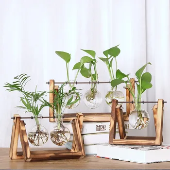 Augalų skaidri vaza bonsai dekoratyvinė vaza, medinis rėmas, vazos, dekoratyvinės stiklo hydroponic vaza gėlėms kambarį dekoro