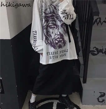 Hikigawa Moteris Tshirts Harajuku Pobūdžio Laišką Spausdinimo Streetwear BF Moterys Viršų O Kaklo, ilgomis Rankovėmis Gotikos Marškinėliai Moteriška 7z063