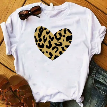 Trumparankoviai moteriški marškinėliai Feamle Drabužiai, moteriški marškinėliai Lūpų Meilės, Leopardas spausdinimui Atsitiktinis Vasaros Ponios Grafinis Spausdinti Viršų