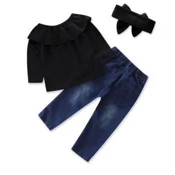 Naujausias Pavasario Rudens Stiliaus 3Pcs Bamblys Vaikas Merginos Long Sleeve T-shirt Viršūnes Legging Jeans Kelnės Komplektus Drabužių Rinkinys 2-7Y