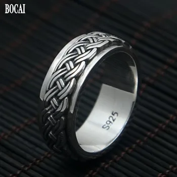 BOCAI Naujas Mados nekilnojamojo S925 gryno sidabro vyrų žiedas papuošalai derliaus Tailando sidabro kanapių virvė paprasta tekinimo sėkmės žiedas
