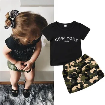 Mados Vasaros Bamblys Vaikams Drabužių Rinkinys Baby Girl Komplektus Juoda Trumpas Rankovės Marškinėliai ir Kamufliažas Sijonai 2 vnt Rinkiniai