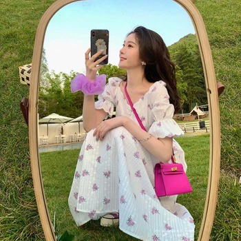 2020 Korėjos Derliaus Gėlių Balta Elegantiška, Ilga Suknelė Spausdinti Moterų Maxi Suknelė Aukšto Juosmens Pasakų Atsitiktinis Suknelės Moteris Drabužiai