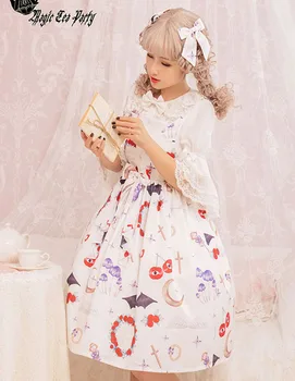 Saldus lolita suknelė vintage bowknot mielas spausdinimo aukšto juosmens princesės viktorijos dirželis suknelė kawaii girl gothic lolita cos loli