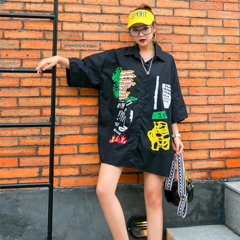 Tailandas banga prekės gatvės hip-hop keista mergaitė animaciją retro grafiti spausdinimo BF prarasti vidutinio ilgio trumparankoviai marškinėliai