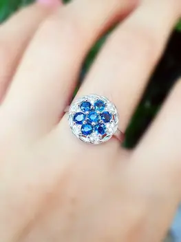 Natūralus mėlynas safyras Žiedas Natūralus akmuo žiedas 925 sterlingas sidabro madinga, elegantiška, didelis apvalios moterys mergina, šaliai, Papuošalai