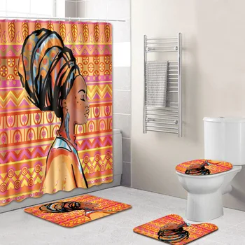 Juodas/Baltas 3D atspausdintas Afrikos Moteris Dušo Užuolaidų Komplektas Afro Amerikiečių Lady Vonios kambarys Dekoro neslidus Kilimas Tualeto Dangčio Dangtelis Vonios Kilimėlis