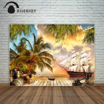 Allenjoy Piratų laivo lobis dėžutė su aukso kokoso medžių, medinės grindys, įtvirtinti naujas fotografijos backdrops dekoras
