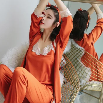 BZEL Seksualių Moterų Pižama ilgomis Rankovėmis Sleepwear Nėriniai naktiniai drabužiai V-kaklo Miego Lounge Šilko Satino Apatiniai Pijama Feminino 3pcs/set
