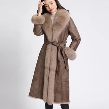 Žiemos 2020 Haining triušio kailio vienas gabalas, paltai moterims, ilgai fox plaukų big Atvartas diržo prabangių kailių paltai