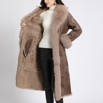 Žiemos 2020 Haining triušio kailio vienas gabalas, paltai moterims, ilgai fox plaukų big Atvartas diržo prabangių kailių paltai