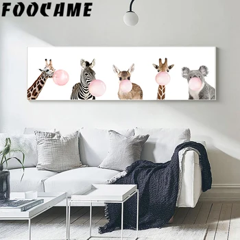 Sienos Menas Drobė Šiaurės Gyvūnų Pučia Burbulą Zebra Žirafa, Vaikų Kambarys, Naktiniai Tapyba, Plakatas Darželio Spausdinti Dekoro Nuotraukos