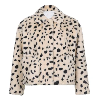 Leopardas Spausdinti Pūkuotas Kailio Striukė Moterų 2020 M. Žiemos Trumpas Paltai Dirbtiniais Kailiais Turn-Žemyn Apykaklės Viršaus Streetwear