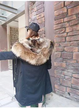 X-ilgai 2020 m. Žiemos Striukė Moterims Nekilnojamojo Kailių Paltai Parko Gamtos Meškėnas Kailių Apykaklės Lapės Kailio Įdėklas Storas Šiltas Nuimamas Streetwear