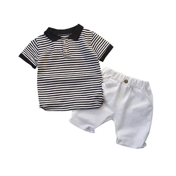 Berniukai vasaros nauji trumparankoviai kostiumas 1-5 metų amžiaus berniukas, atvartas trumpas rankovėmis dryžuotas marškinėliai + šortai, medvilnės atsitiktinis dviejų dalių kostiumas