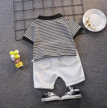 Berniukai vasaros nauji trumparankoviai kostiumas 1-5 metų amžiaus berniukas, atvartas trumpas rankovėmis dryžuotas marškinėliai + šortai, medvilnės atsitiktinis dviejų dalių kostiumas