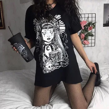 Animacinių Filmų Spausdinti Marškinėliai Gothic Black T-Shirt Moterims Helovinas Drabužius Trumpomis Rankovėmis Palaidi Ilgi Marškinėliai Vasaros Viršūnes Camisas Mujer