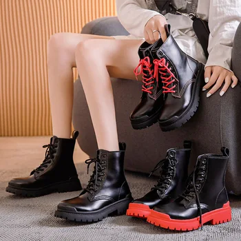 2020 naujas mados natūralios odos raudonos nėrinių Motociklo batai moterims, 4cm med kulno Pavasario/Rudens mergina kulkšnies platforma moterų batai