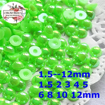 Fluorescencinė žalia AB pusė apvalių perlų Karoliukus, ABS Dervos Flatback cabochon Imituojamas perlų Karoliukus, 2mm/3mm/4mm/5mm/6mm/8mm/10mm/12mm
