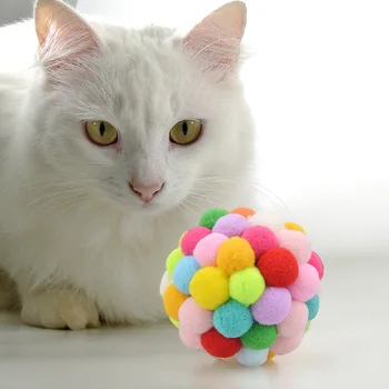 Naminių kačių spalvingas žaislas pliušinis bell ball rankų darbo spalvinga bouncy kamuolys katė žaislas