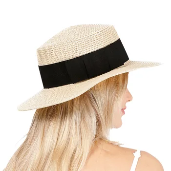 USPOP 2020 Naujas Moterų šiaudines skrybėles moterų vasaros skrybėlės butas paplūdimys skrybėlės black didelis kaspinu trumpas kraštų skrybėlės