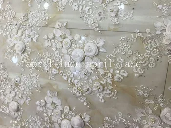 5yards /daug A1389 perlai dramblio kaulo, akmens 3d šifono gėlių china siuvinėjimo nėrinių audinio vestuvinė suknelė
