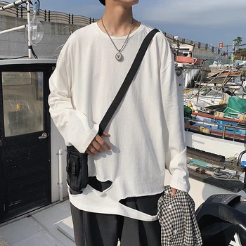 2019 m. Rudenį Honkongo Stiliaus Naujas Skylę ilgomis rankovėmis T-shirt Medvilnės Atsitiktinis Megztinis vyriški Marškiniai Asmenybės Mados Draugu Dovana