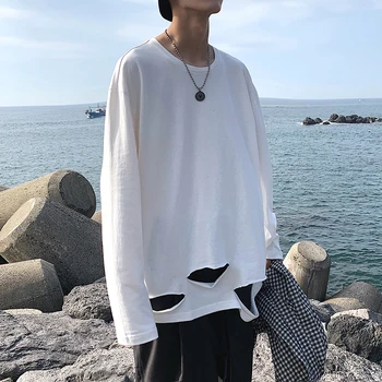 2019 m. Rudenį Honkongo Stiliaus Naujas Skylę ilgomis rankovėmis T-shirt Medvilnės Atsitiktinis Megztinis vyriški Marškiniai Asmenybės Mados Draugu Dovana