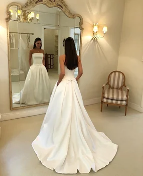 Stebėjimo Puoštas Satino Nuotakos Suknelė Lankas Varčias Paprasta Boho-line Vestuvių Suknelės 2019 Vestidos De Noiva Nuotakos Suknelės Pigiausia
