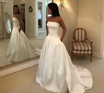 Stebėjimo Puoštas Satino Nuotakos Suknelė Lankas Varčias Paprasta Boho-line Vestuvių Suknelės 2019 Vestidos De Noiva Nuotakos Suknelės Pigiausia