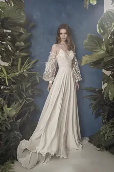 2020 Mados Vestuvių Suknelės Spagečiai Dirželiai Ilgomis Rankovėmis Backless Šifono Vestuvinės Suknelės Nėriniai Appliques Valymo Traukinio Vestuvinė Suknelė