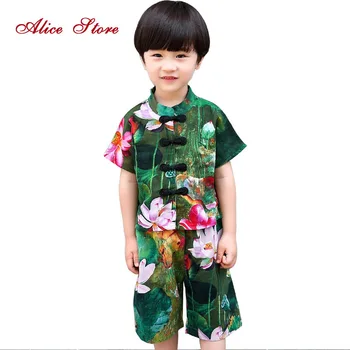 Vaikų Drabužių Rinkiniai 2018 M. Vasaros Berniukų ir mergaičių Spausdinimo Lotus trumpomis rankovėmis tinka Kūdikių Medvilnės Han Kinų drabužius