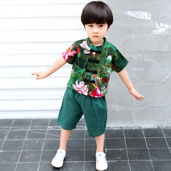 Vaikų Drabužių Rinkiniai 2018 M. Vasaros Berniukų ir mergaičių Spausdinimo Lotus trumpomis rankovėmis tinka Kūdikių Medvilnės Han Kinų drabužius