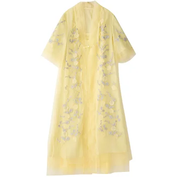 Pavasarį Ir Vasarą Vintage Stiliaus Moteris-Dviejų dalių kostiumėlį Organza Siuvinėjimo Lady Elegantiška Suknelė + Camisole S-2XL