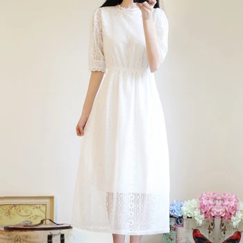 Vasaros Nėrinių Suknelė Moteris korėjos Stiliaus Elegantiška Baltos spalvos Nėrinių ilga Suknelė Japonijos Mielas Beach Party Boho Kawaii Saldus Suknelė