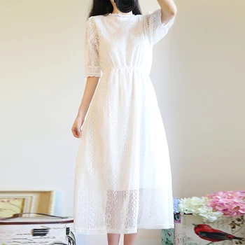Vasaros Nėrinių Suknelė Moteris korėjos Stiliaus Elegantiška Baltos spalvos Nėrinių ilga Suknelė Japonijos Mielas Beach Party Boho Kawaii Saldus Suknelė