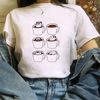 Kavos Šuo Animacinių filmų Grafika Print T-shirt Moterims, Harajuku Estetinės Įdomus, Plius Dydis Marškinėlius trumpomis Rankovėmis Tee Balta Moterų Marškinėliai