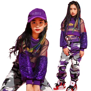 Vaikai Džiazo Šokio Kostiumų Violetinė Mergaičių Šokių Top Kamufliažinės Kelnės Hip-Hop Veiklos Drabužius Gatvės Šokių Praktikos Dėvėti