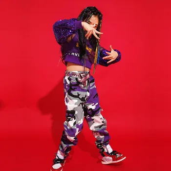 Vaikai Džiazo Šokio Kostiumų Violetinė Mergaičių Šokių Top Kamufliažinės Kelnės Hip-Hop Veiklos Drabužius Gatvės Šokių Praktikos Dėvėti